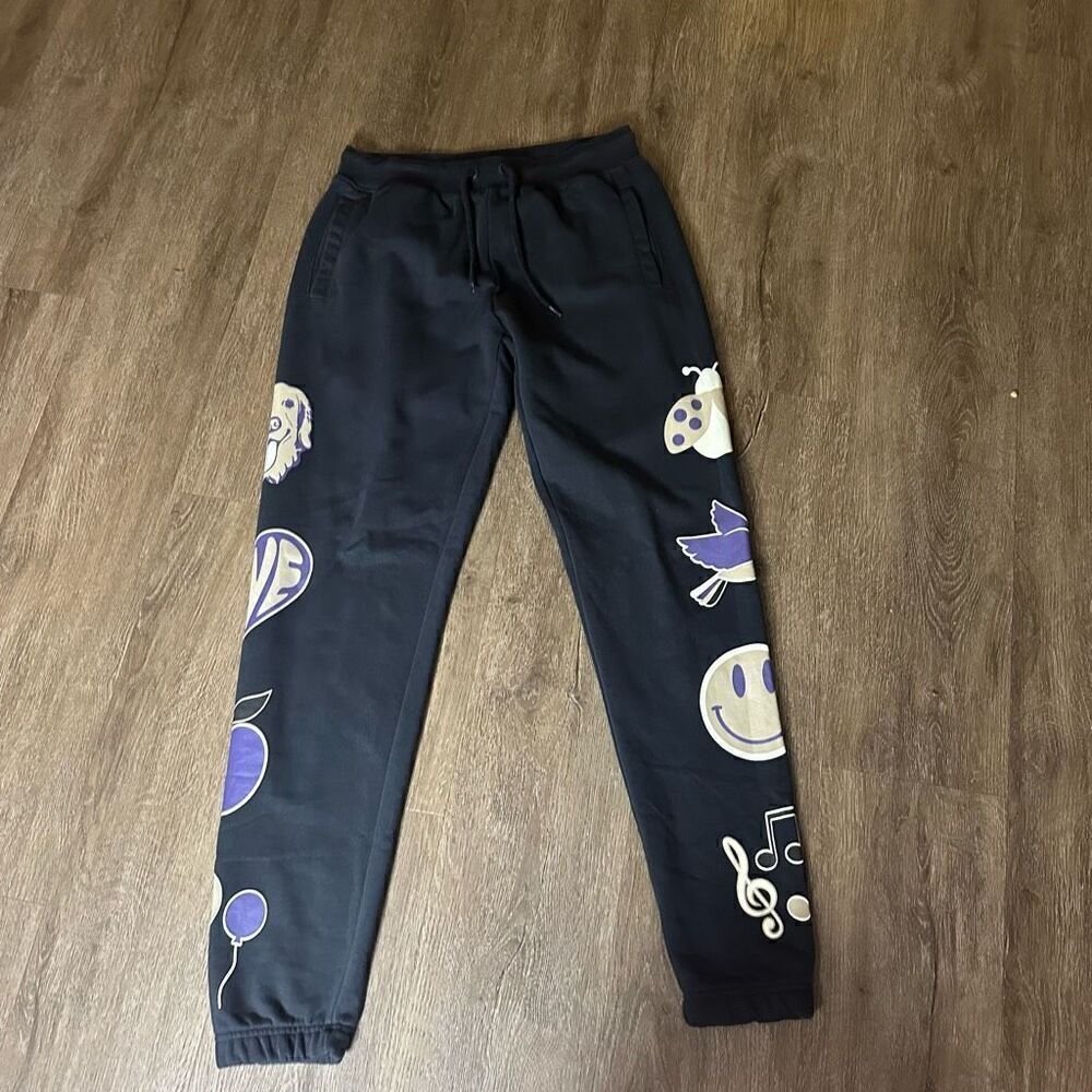 Kappa Womens Black Drawstring Joggers Pants Graphic Prints Legs Dogs Hearts Size